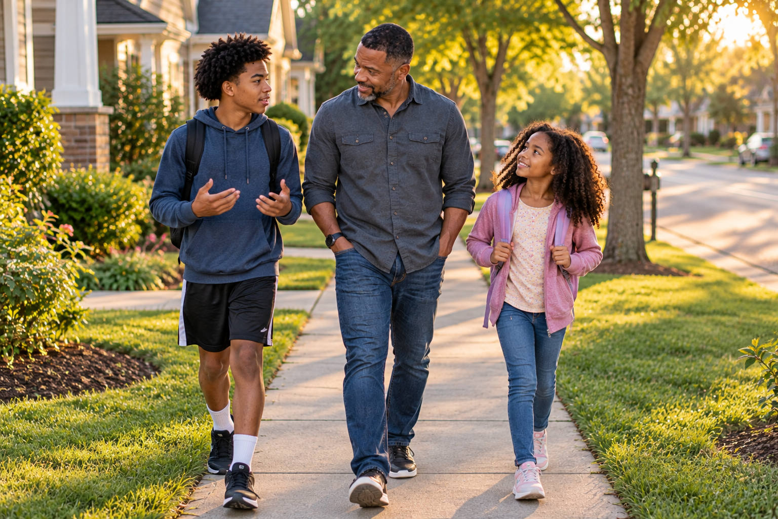 African American father walking forward with his teenage son and young daughter through their neighborhood