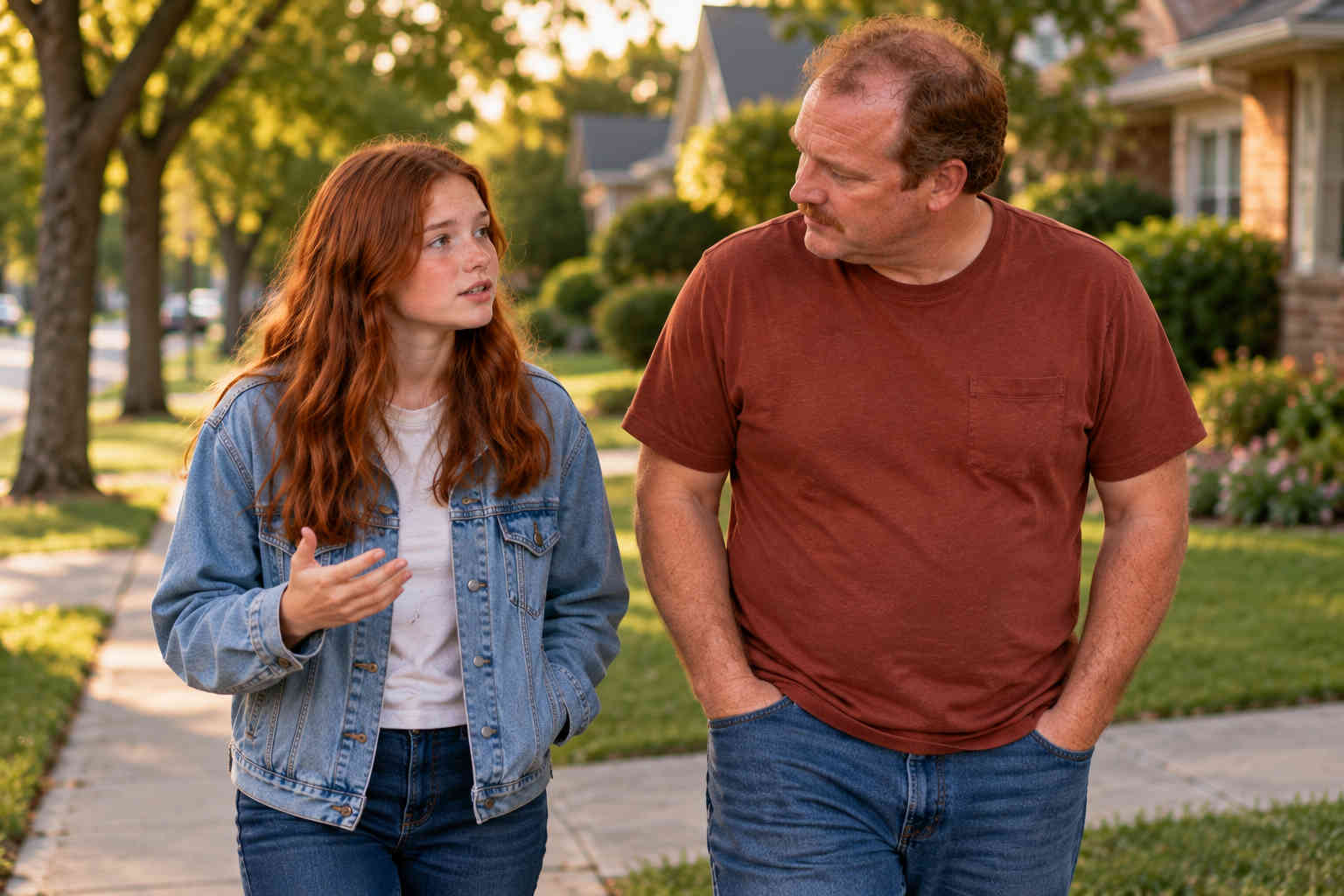 Father listening attentively while his red-haired teenage daughter talks during a neighborhood walk