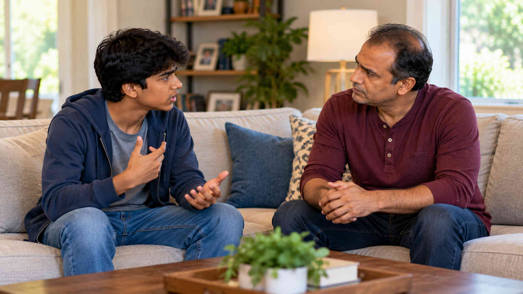 Father calmly listening as his teenage son disagrees with him
