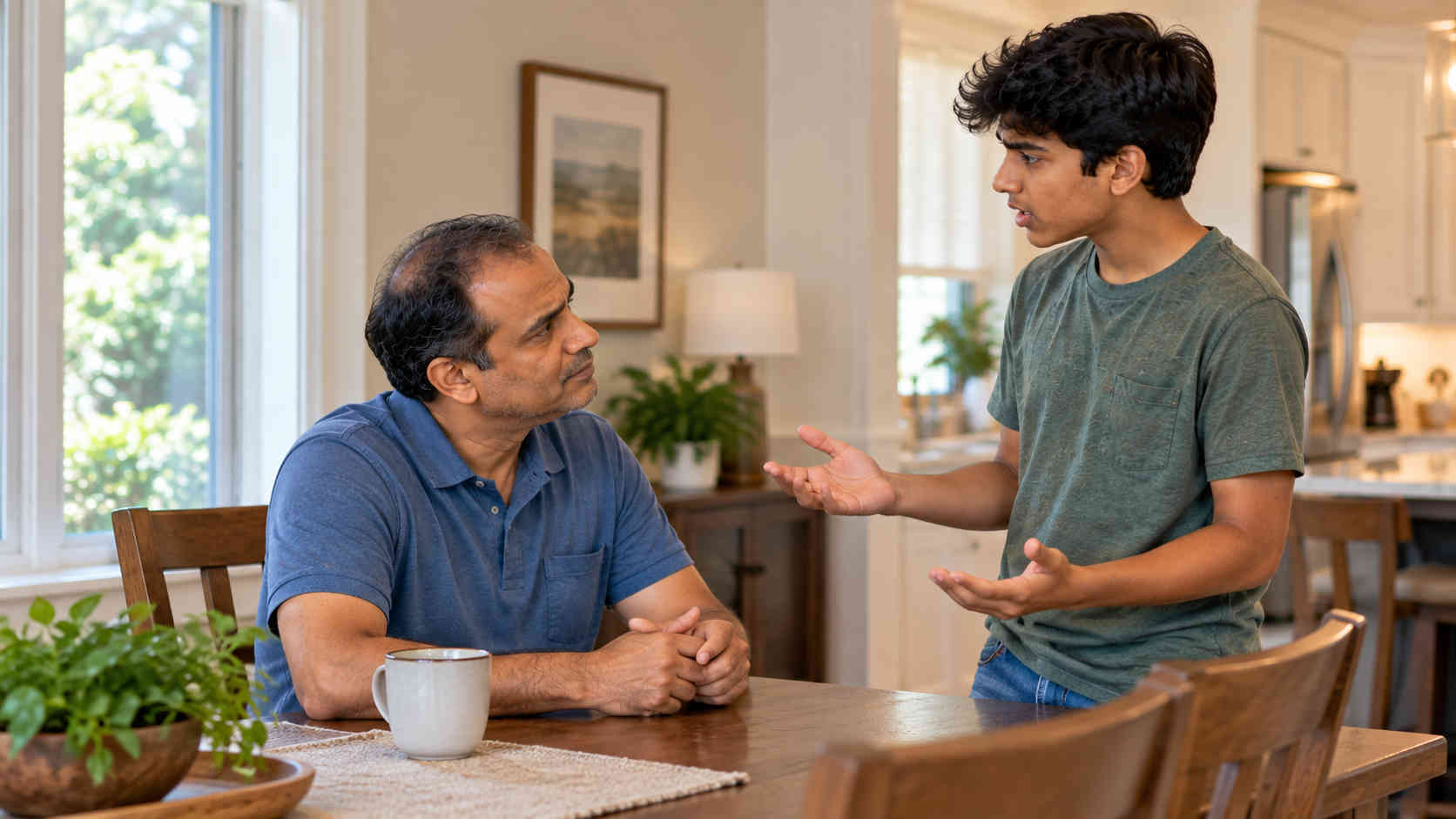 Father listening while his teenage son explains his point of view