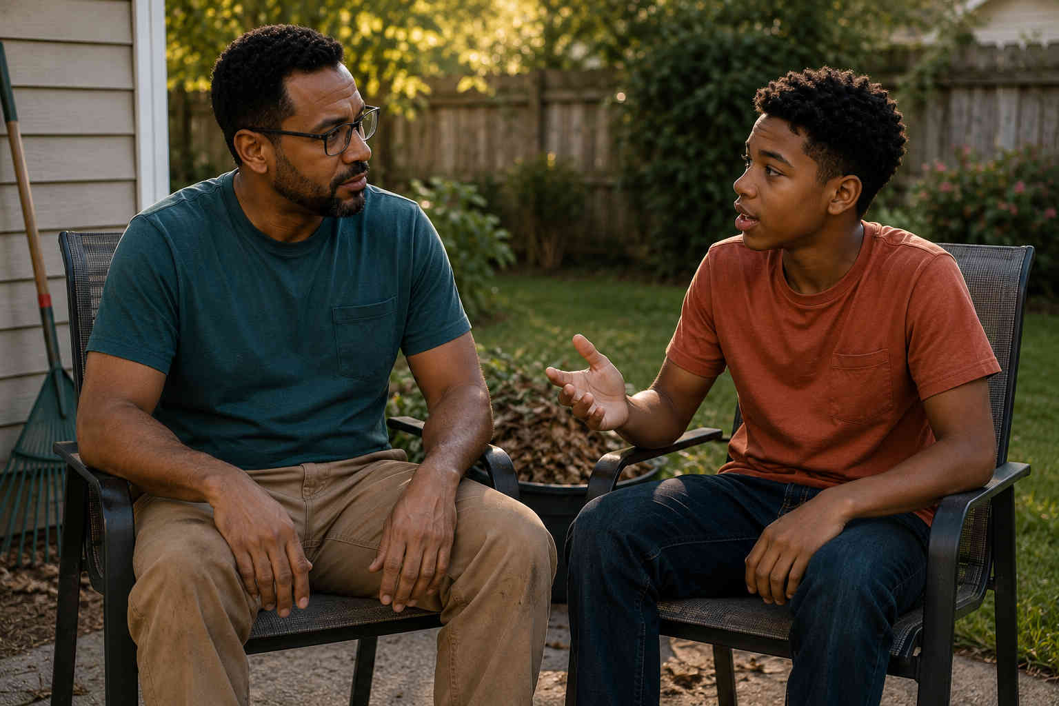 African American father calmly listening while his son explains something difficult during a backyard conversation