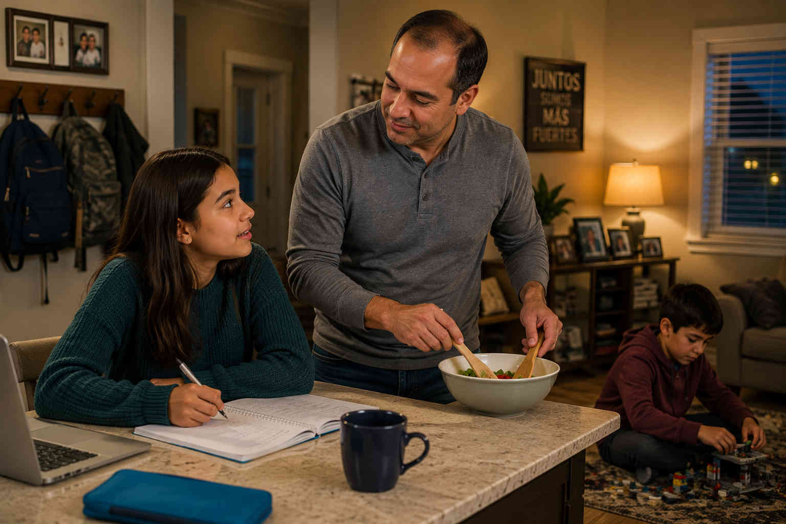 Father prepares dinner while talking with his daughter as his son plays nearby, showing the comfort of a stable everyday routine