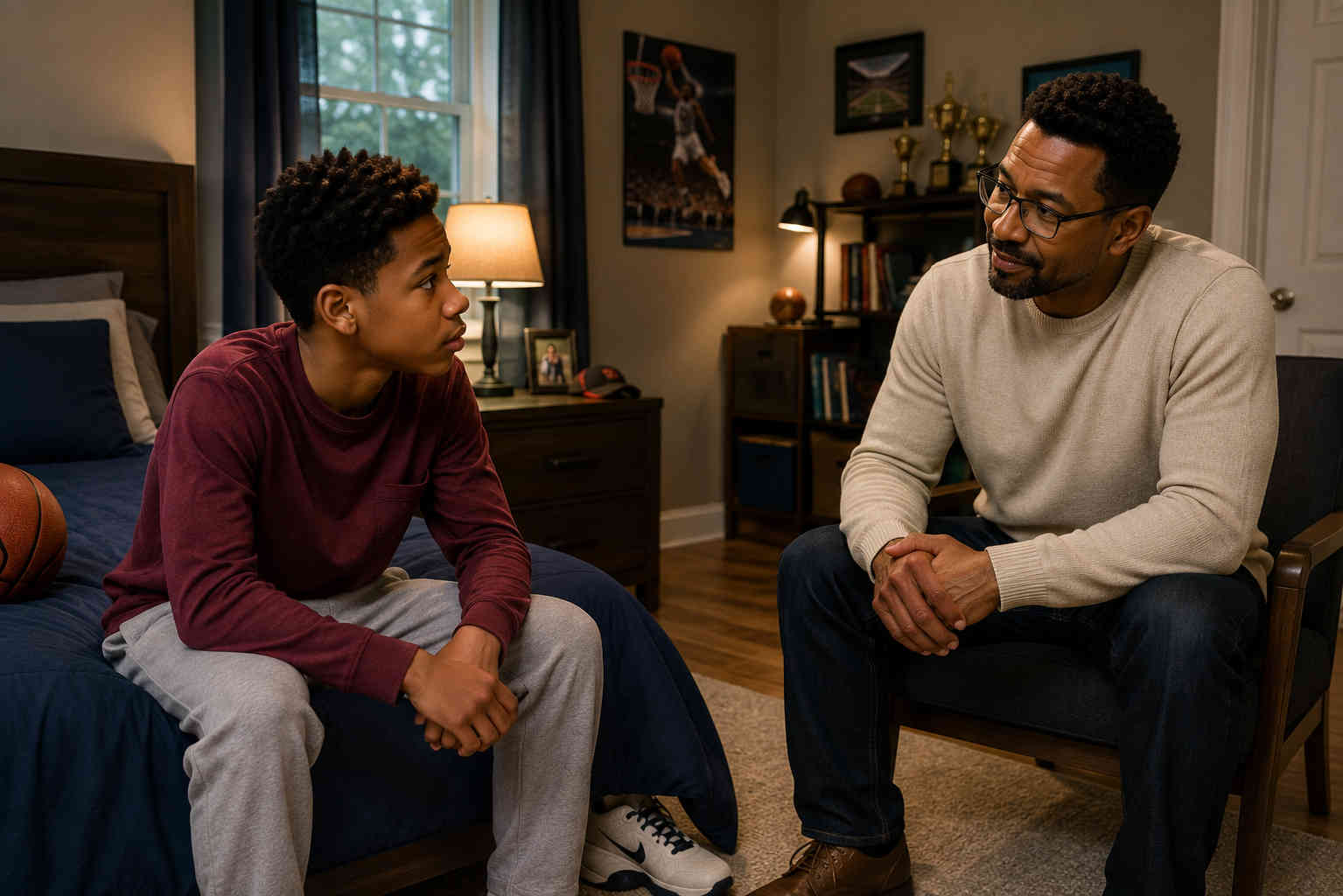 African American father reassuring his worried son in the boy's bedroom that the divorce was not the child's fault