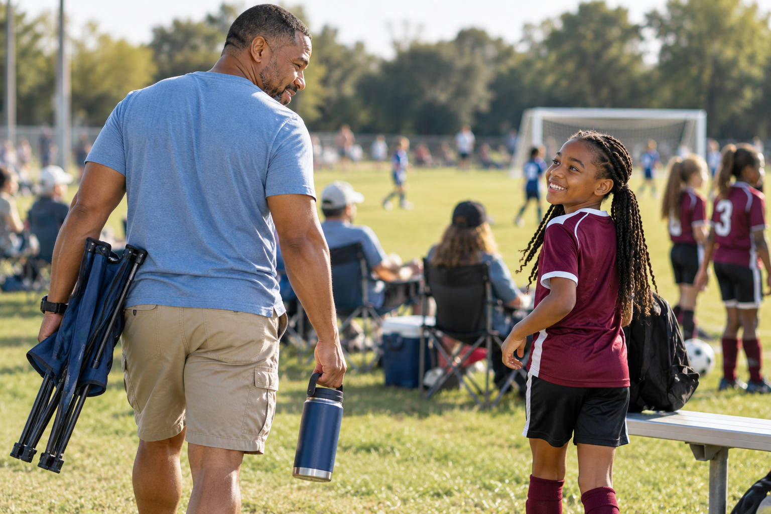 African American father arriving at his daughter's soccer game with a chair and drink