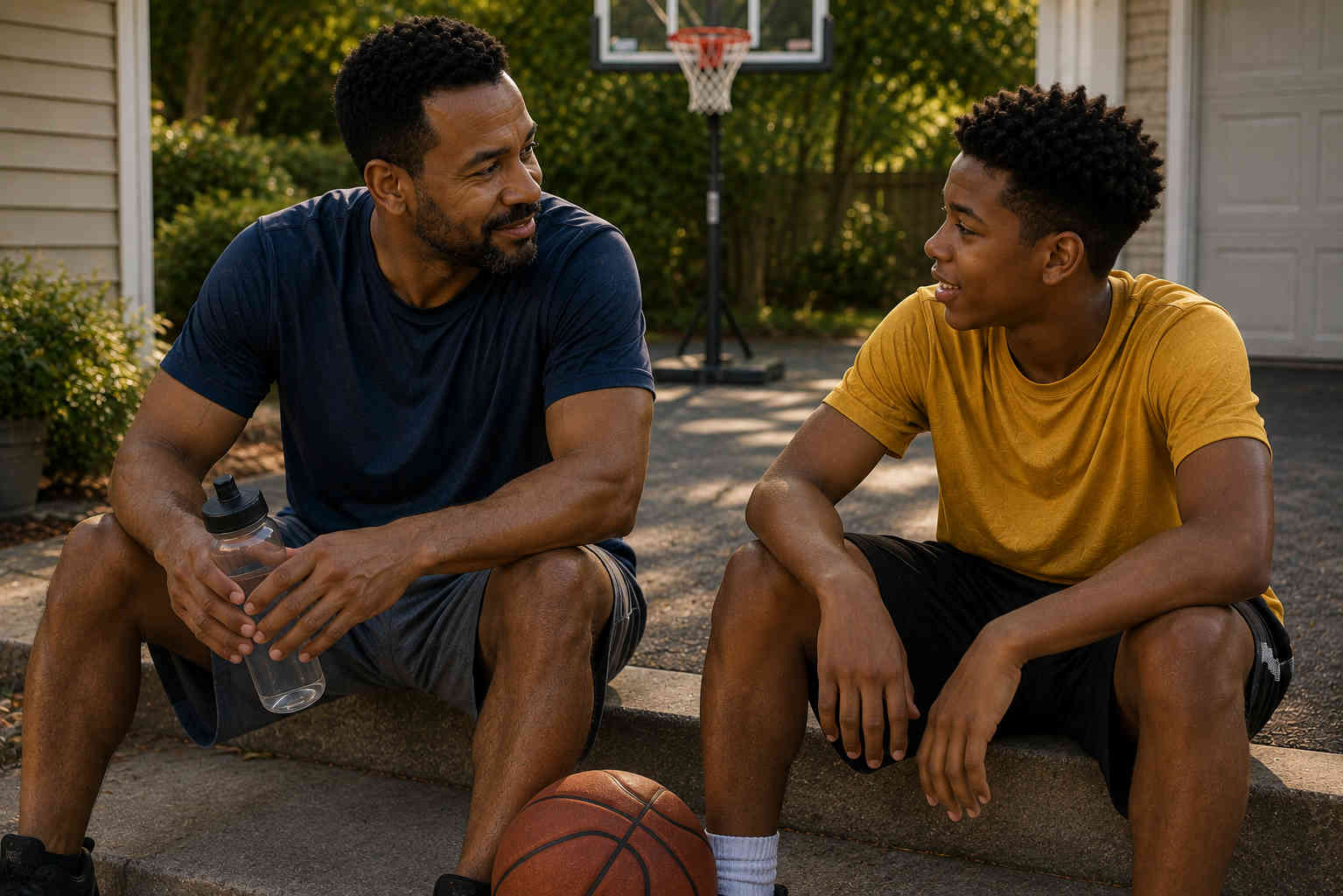 African American father and son taking a break after playing basketball and talking together in the driveway