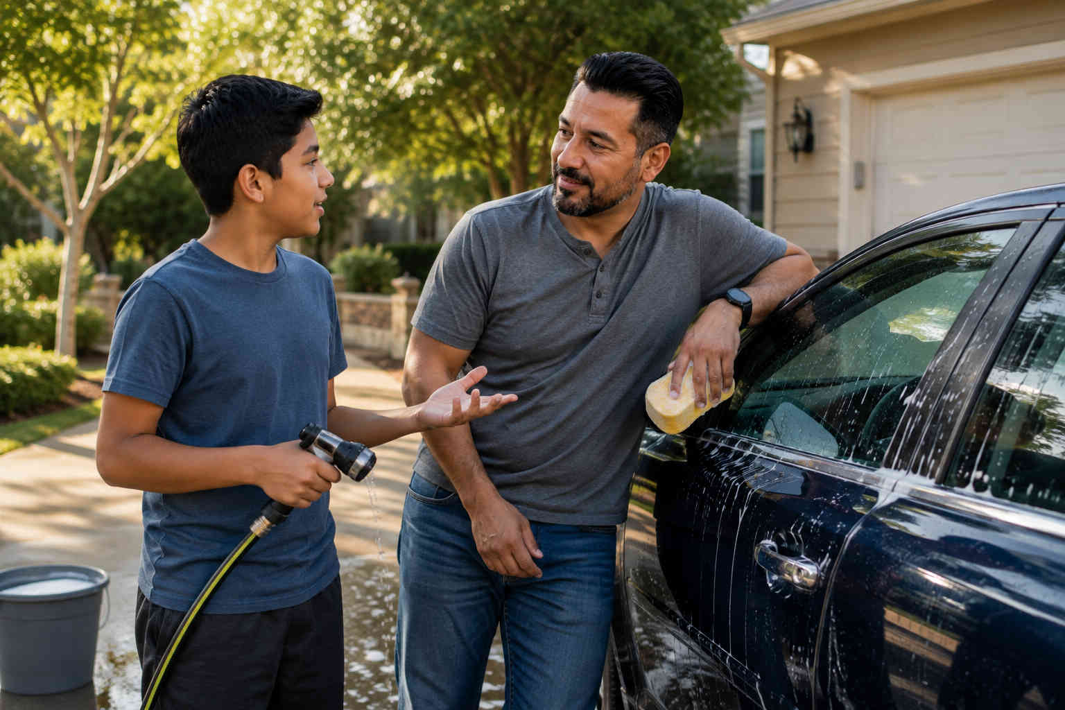 Father listening to his son while they pause during a casual car wash in the driveway