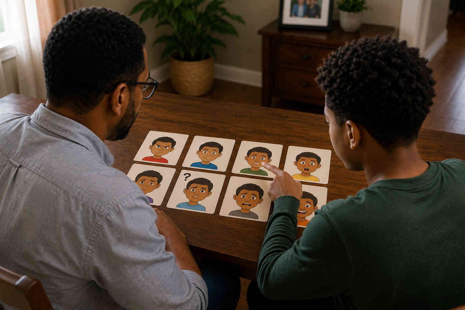 Over-the-shoulder view of an African American father and son looking at emotion cards while the son points to a worried expression