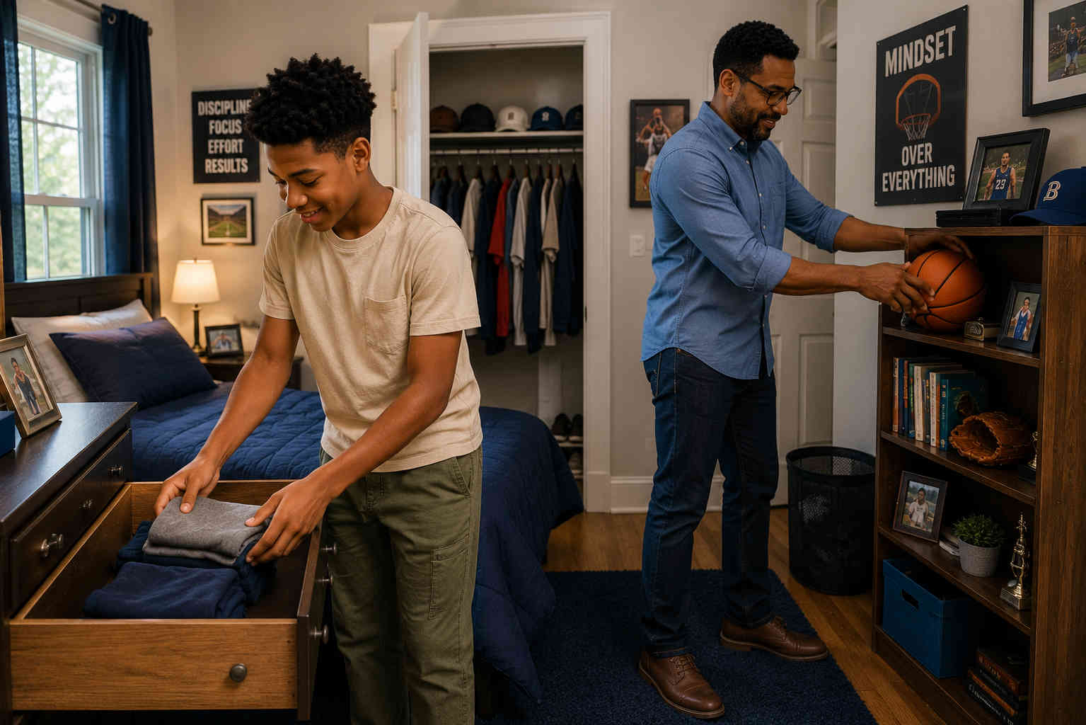 African American father and son organizing the son's bedroom so he has permanent clothes, sports equipment, books, and personal belongings at Dad's house