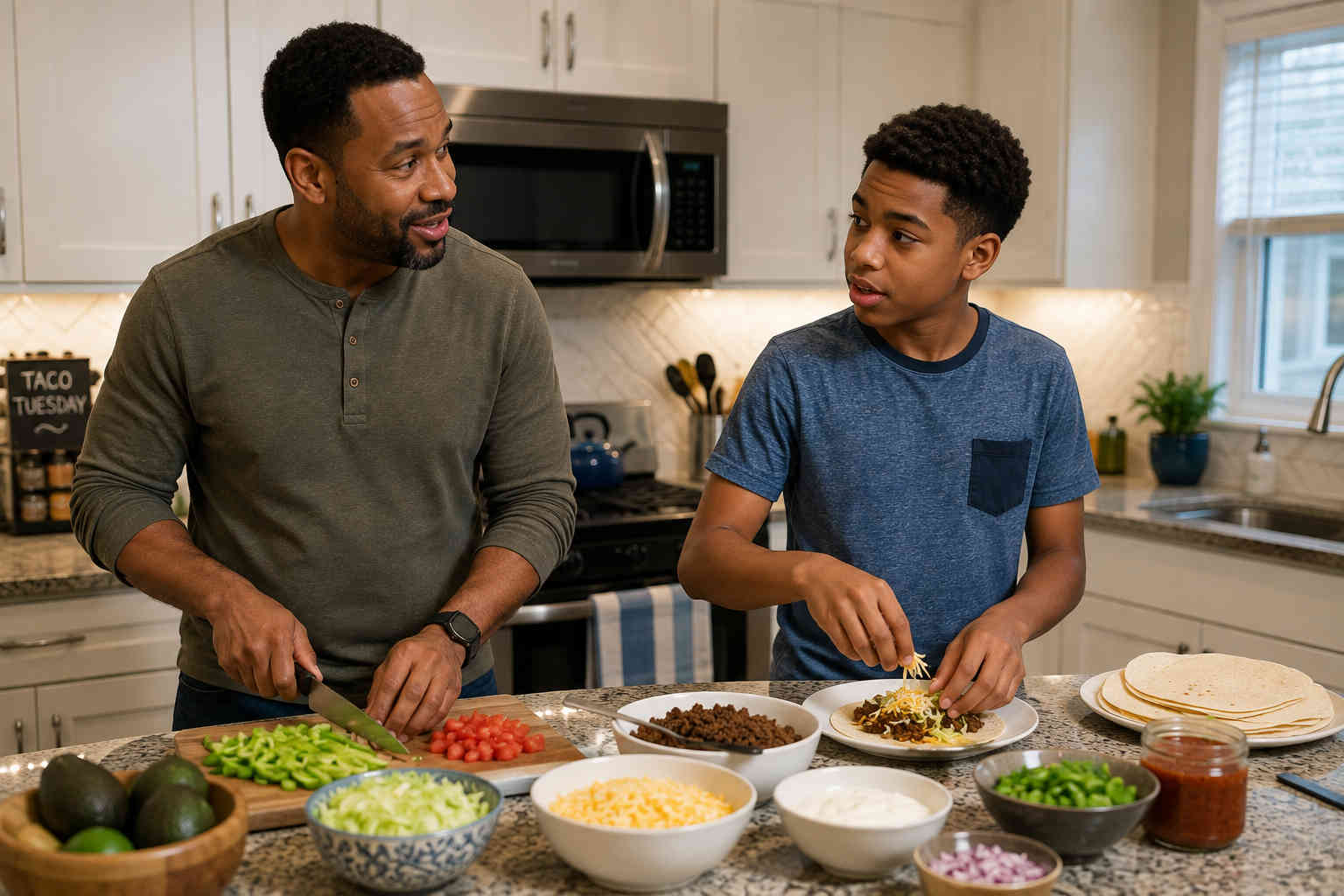 African American father and son making tacos together while having a relaxed conversation in the kitchen