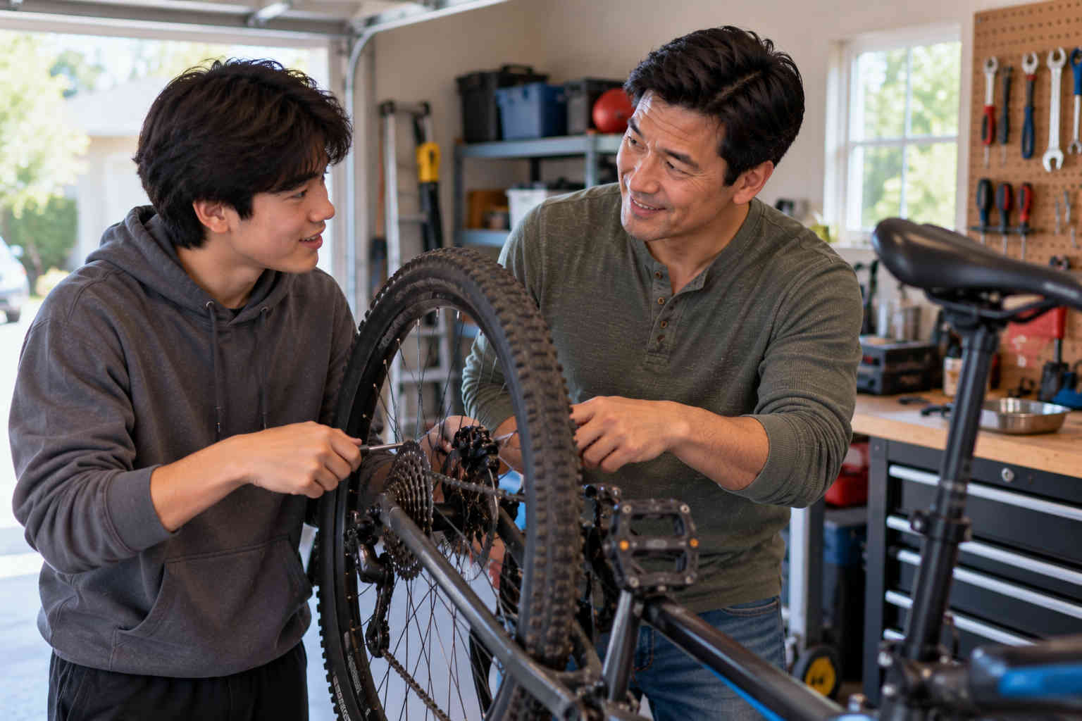 Korean father and teenage son repairing a bicycle together in the garage
