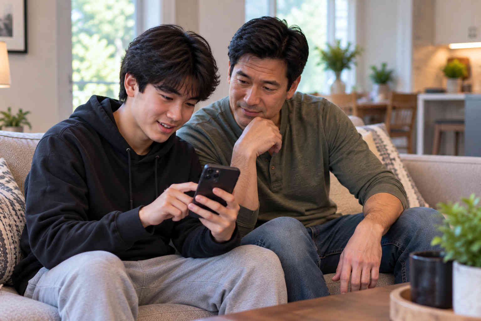 Korean father and teenage son looking at a smartphone together on the couch