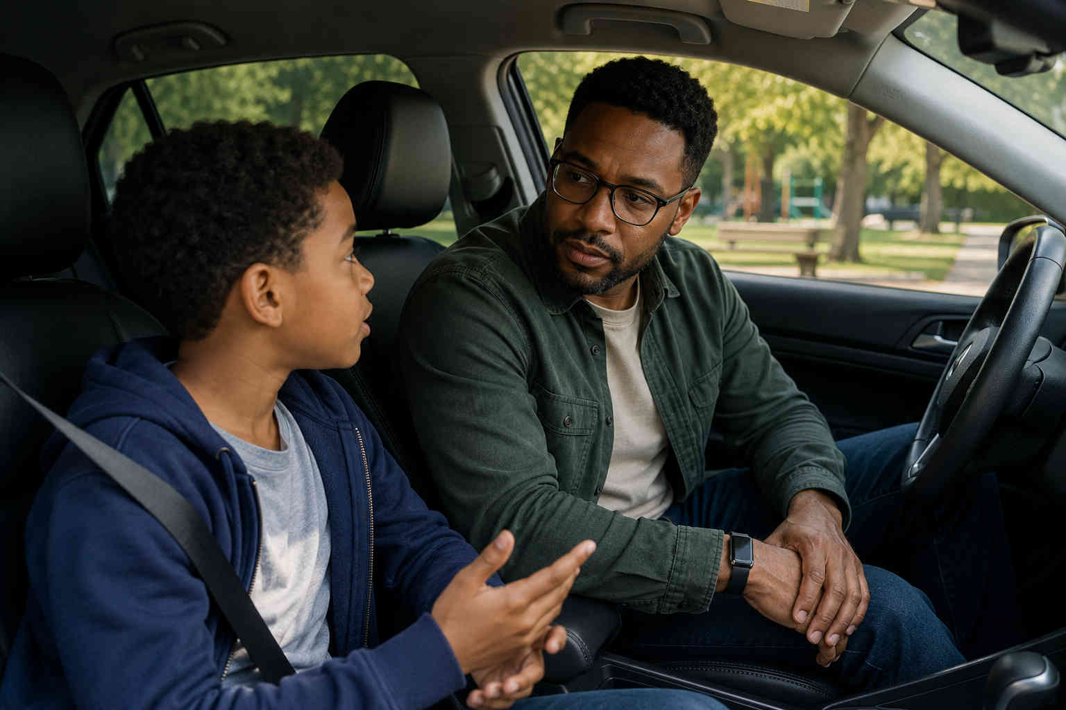 African American father wearing glasses listens closely as his son talks about his feelings while they sit in a parked car