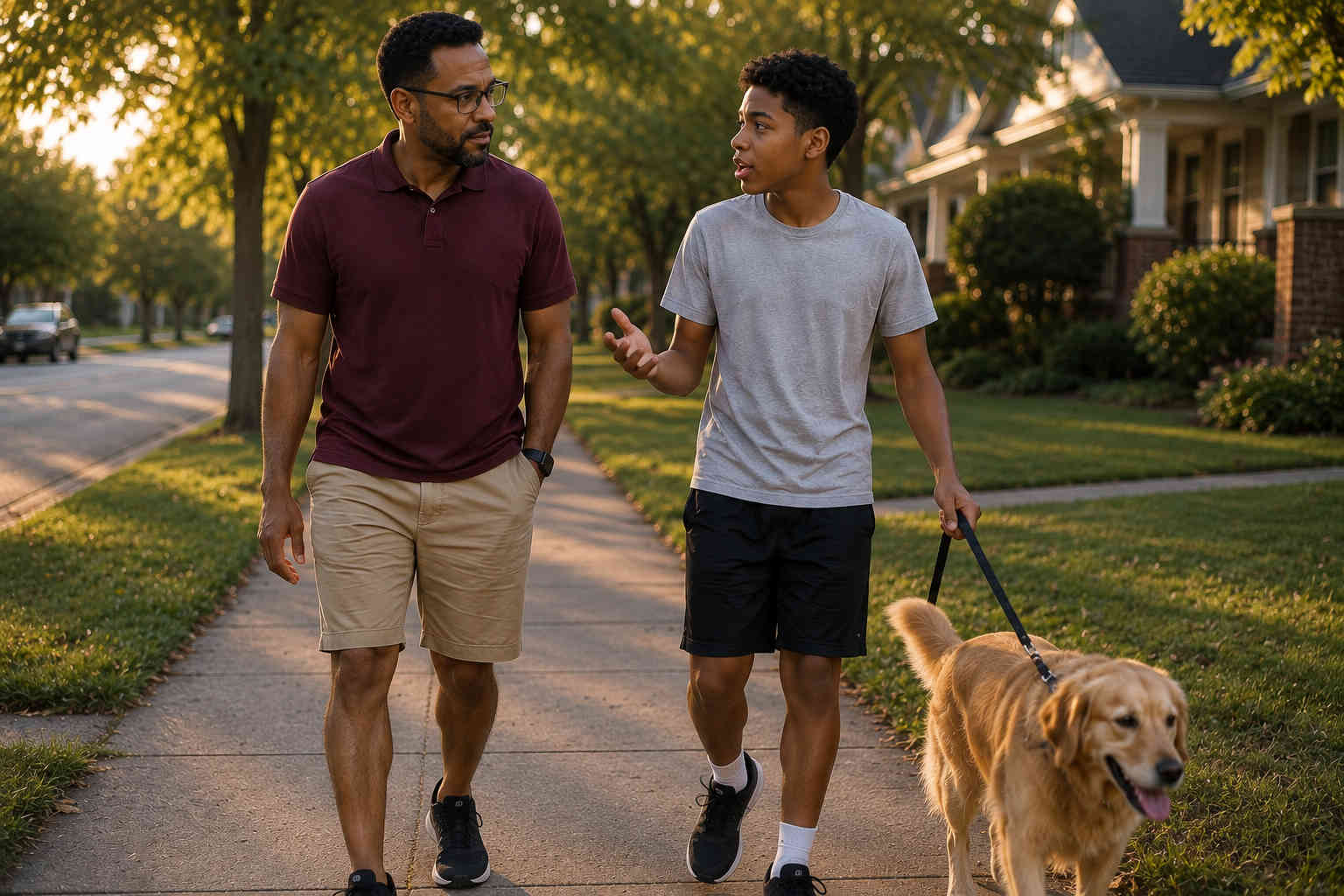 African American father and son walking a golden retriever through their neighborhood while the son talks and the father listens