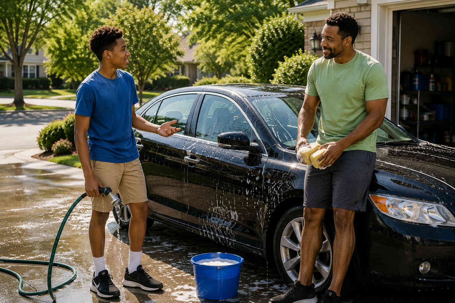 African American father and son smiling and talking naturally while washing the family car together on a sunny afternoon