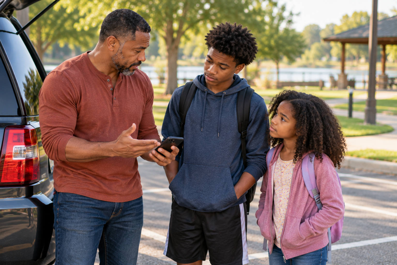 African American father calmly discussing a changed family plan with his son and daughter beside their vehicle