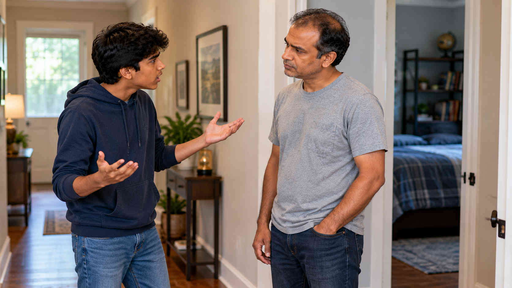 Father staying calm while his teenage son speaks with frustration