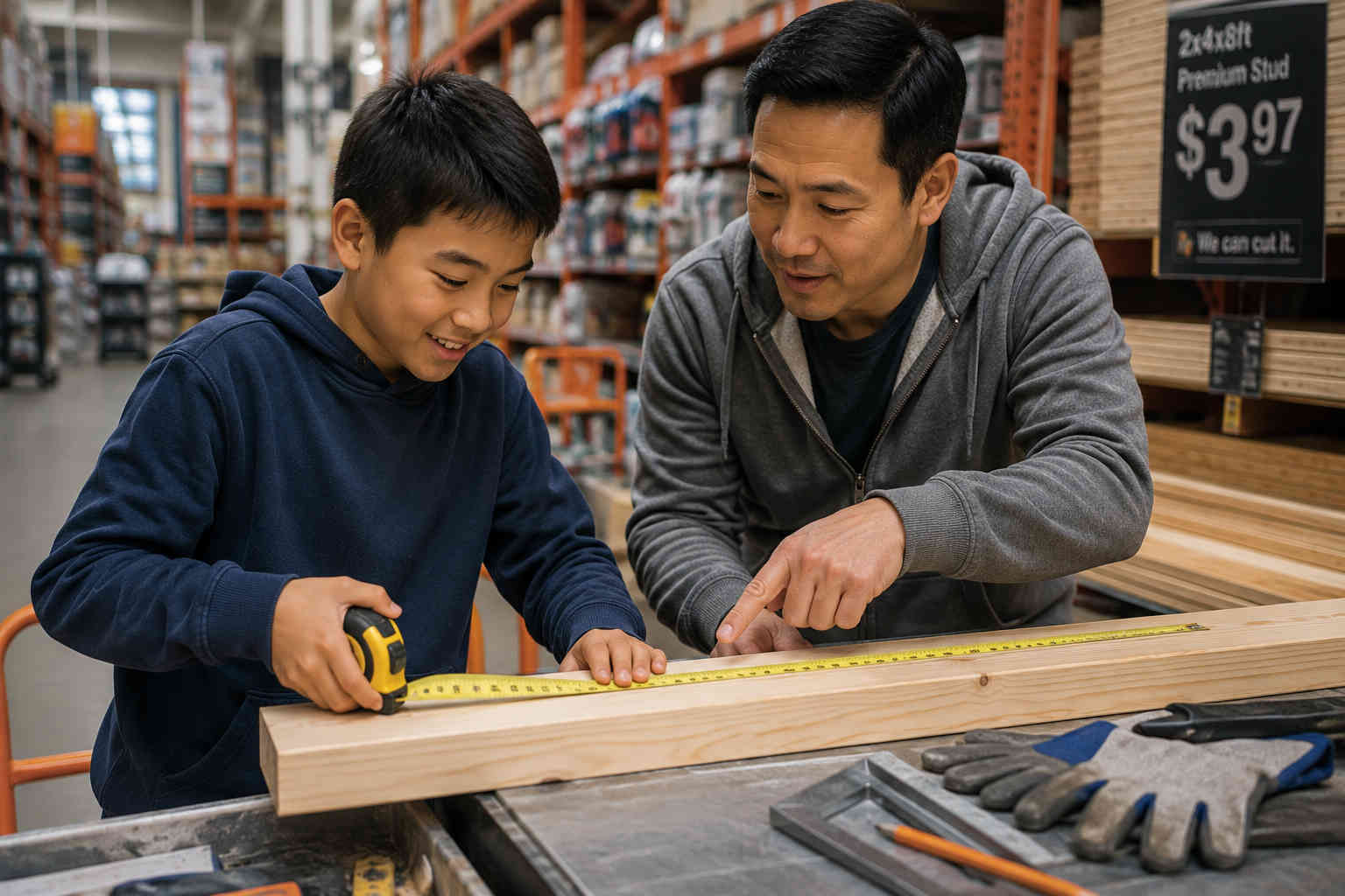Chinese father and son measuring lumber together at a hardware store for a home project