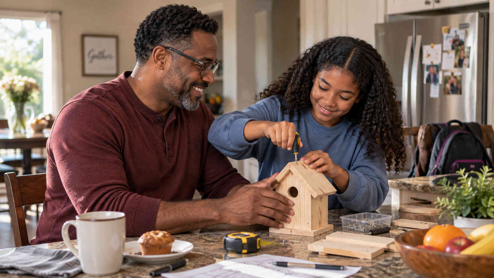 Father and teenage daughter building a birdhouse together at the kitchen counter