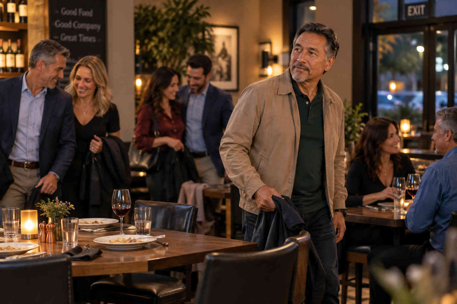 Divorced man standing by himself at a social gathering while couples talk nearby