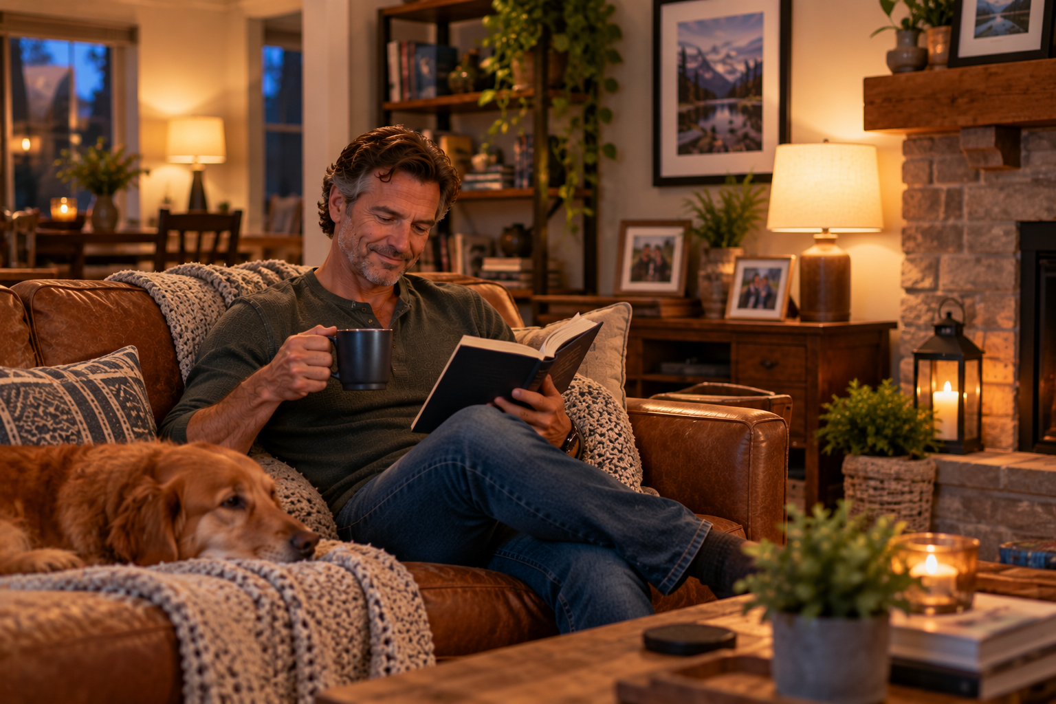 Man relaxed and content reading in his completed living room after divorce