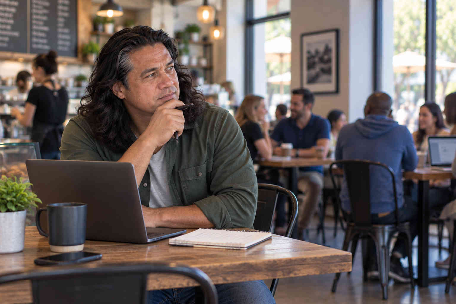 Divorced man sitting alone in a busy coffee shop while other people socialize nearby