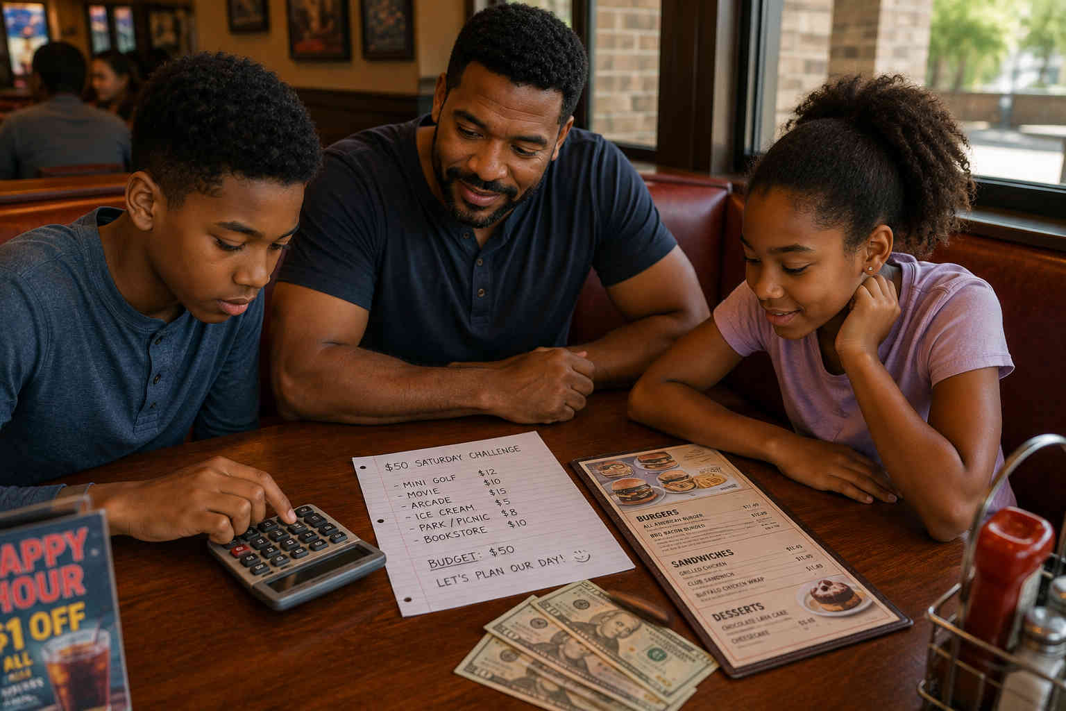 Father sitting back while his son and daughter use a calculator and fifty-dollar budget to plan their Saturday at a restaurant