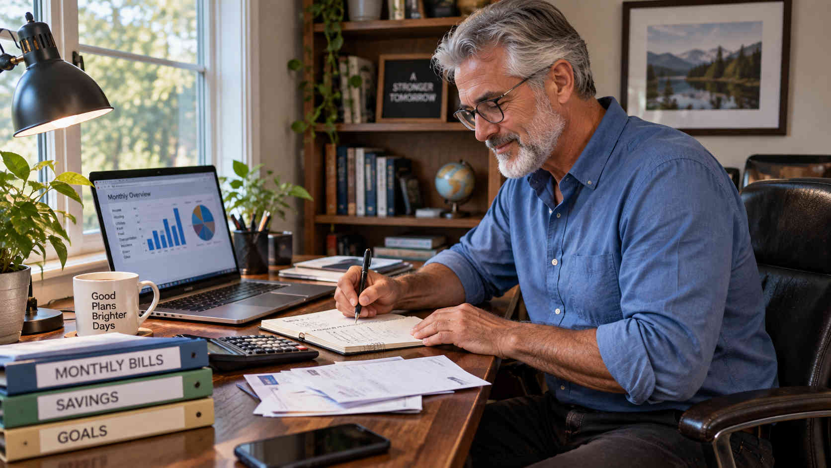 Man organizing bills, savings, and financial goals at a home office desk