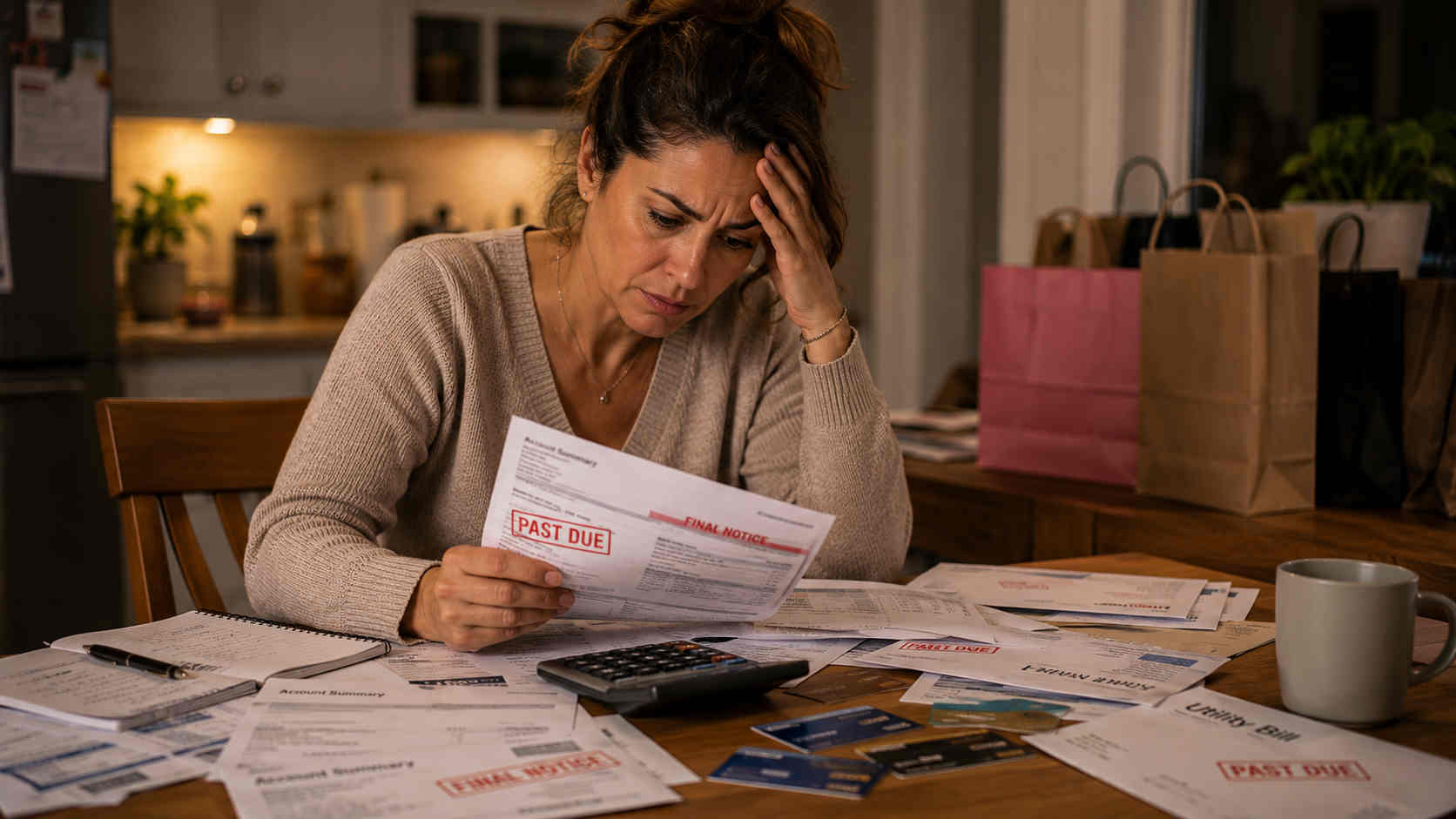 Woman reviewing overdue bills and credit cards at a kitchen table