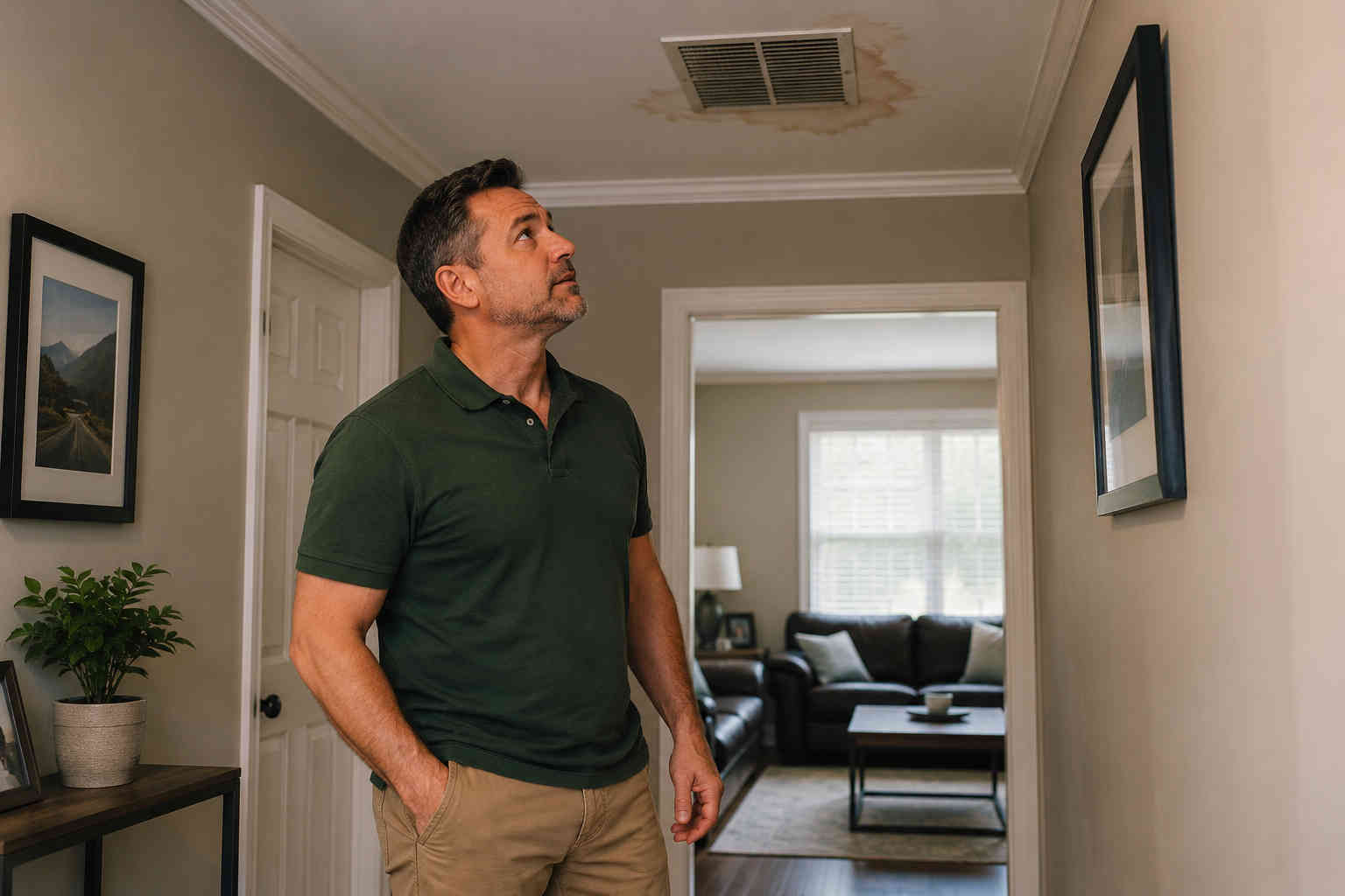 Divorced man inspecting a water-stained ceiling vent as he identifies possible home repair risks