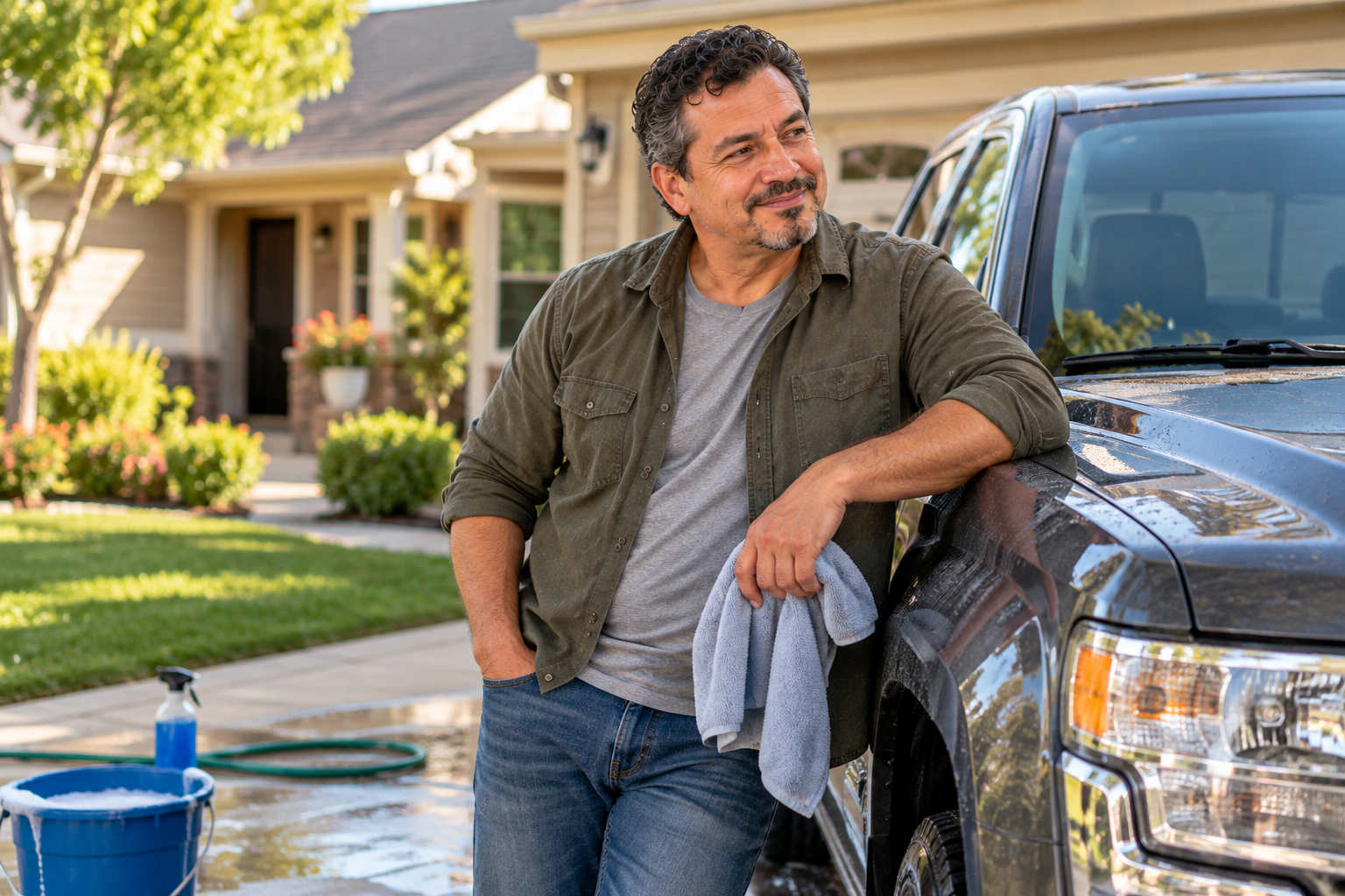 Man smiling beside his freshly washed pickup truck outside his home, reflecting financial stability after divorce