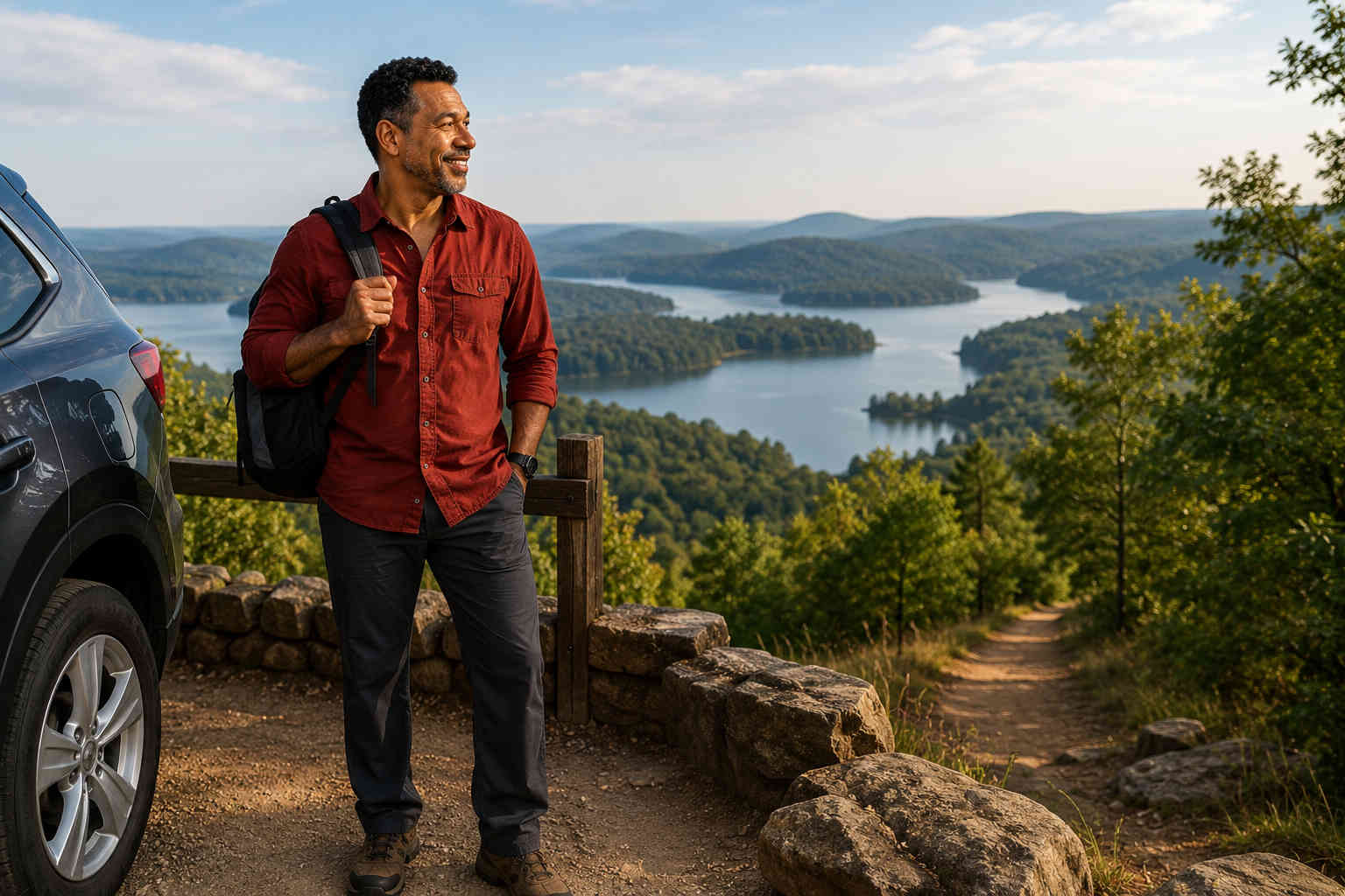 Man enjoying a scenic lake and mountain overlook after building greater financial stability following divorce