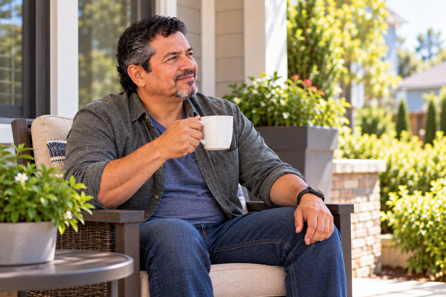 Man relaxing on his porch with coffee after rebuilding his financial life following divorce