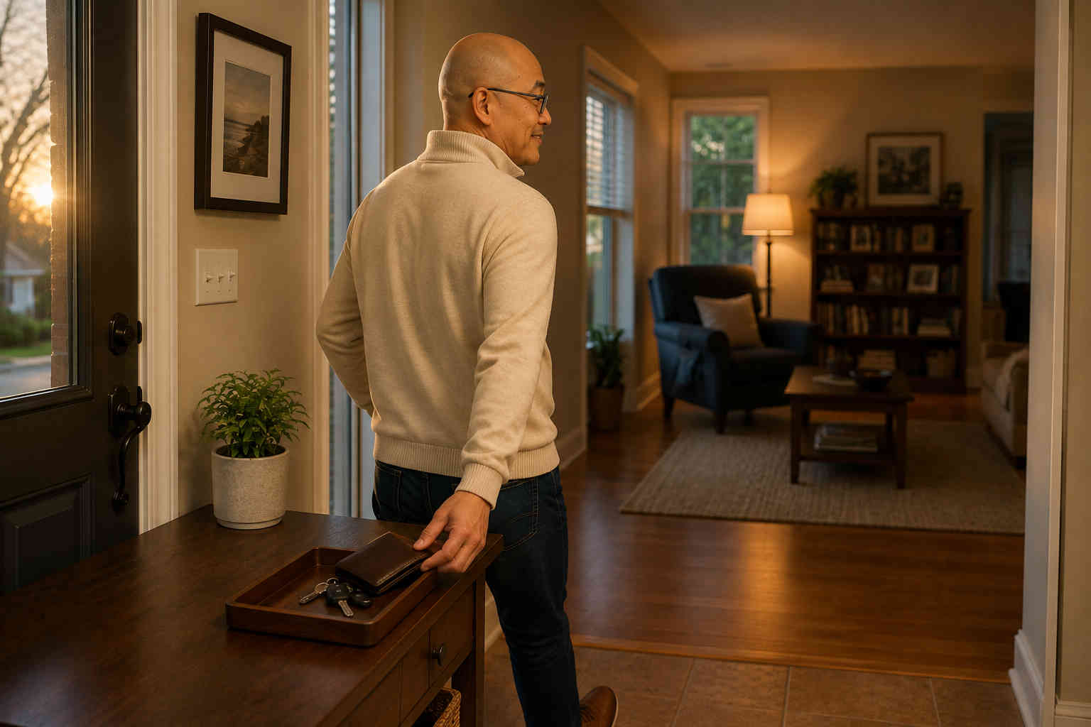 Bald Asian man with glasses putting away his wallet and keys as he walks into his comfortable home at the end of the day
