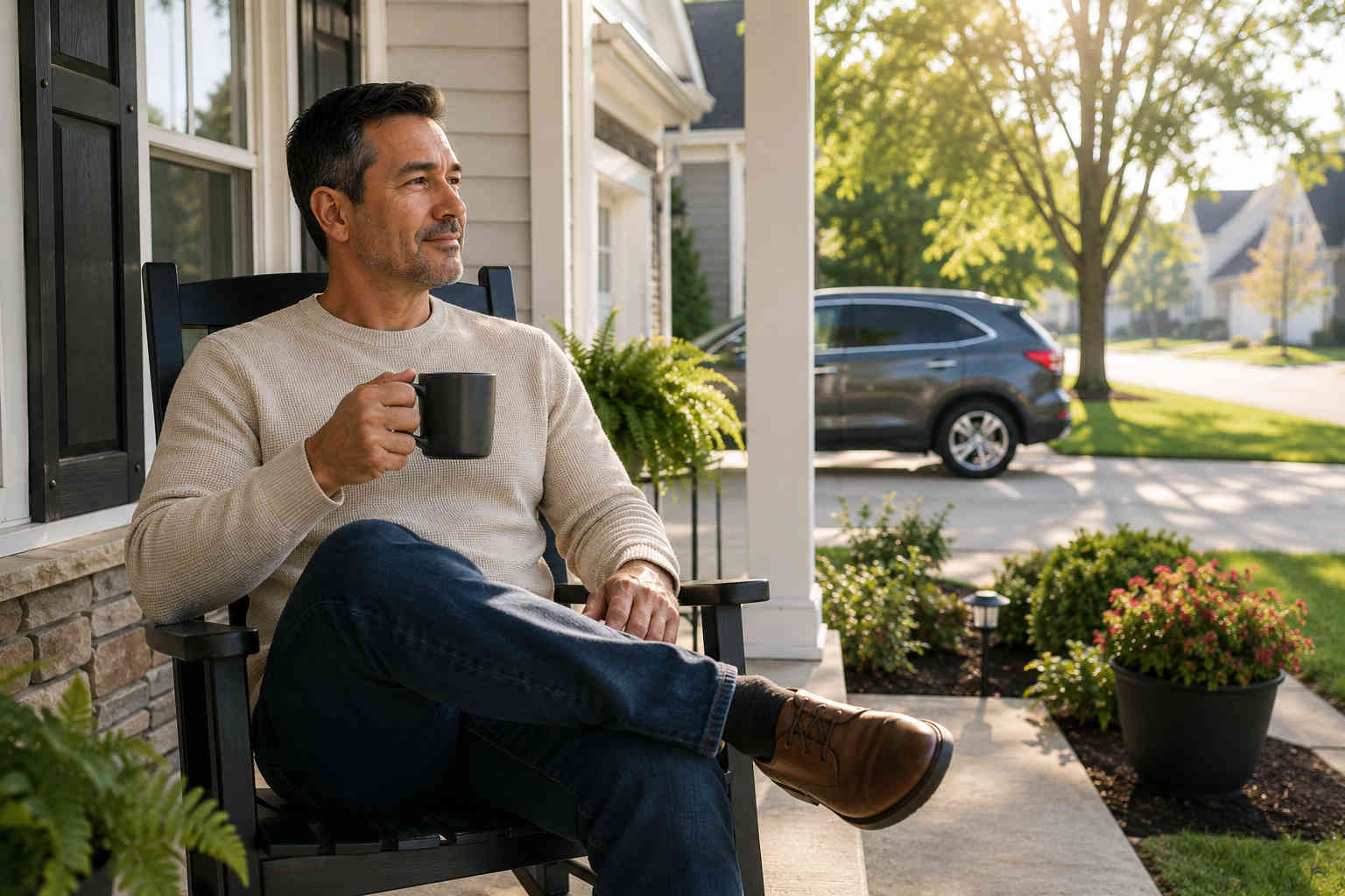 Divorced man relaxing on his front porch with coffee, confident that unexpected expenses no longer control his life