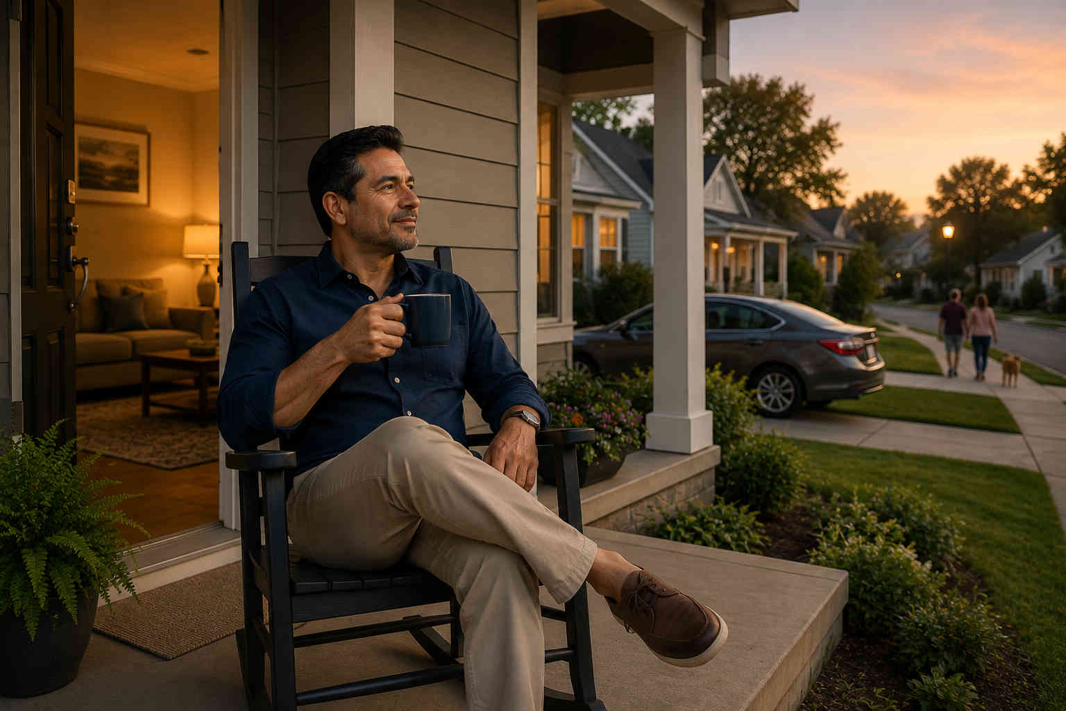 Man relaxing with coffee on the porch of a modest home that fits comfortably within his post-divorce finances