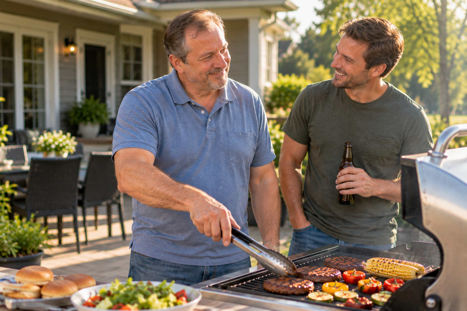 Financially secure older man enjoying a backyard barbecue with his adult son