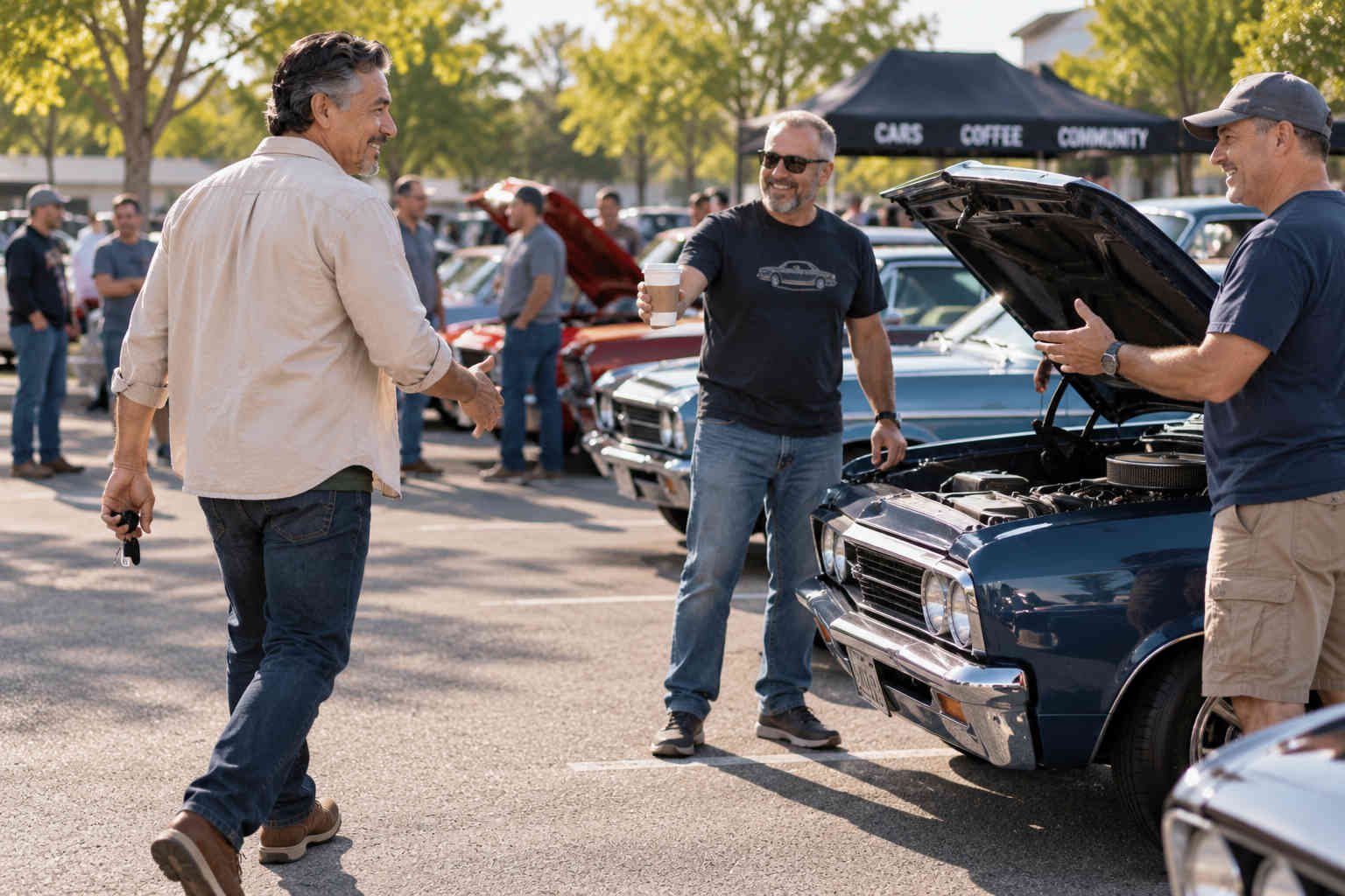 Divorced man arriving at a community car gathering where friends welcome him