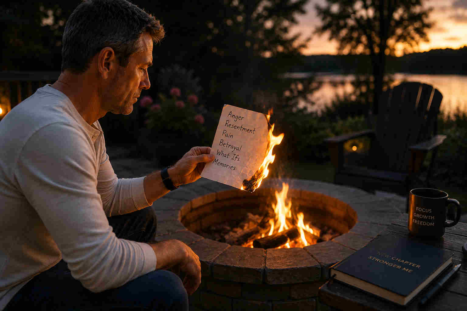 Divorced man in a light-colored shirt burning a paper listing anger, resentment, pain, betrayal, what-ifs, and memories
