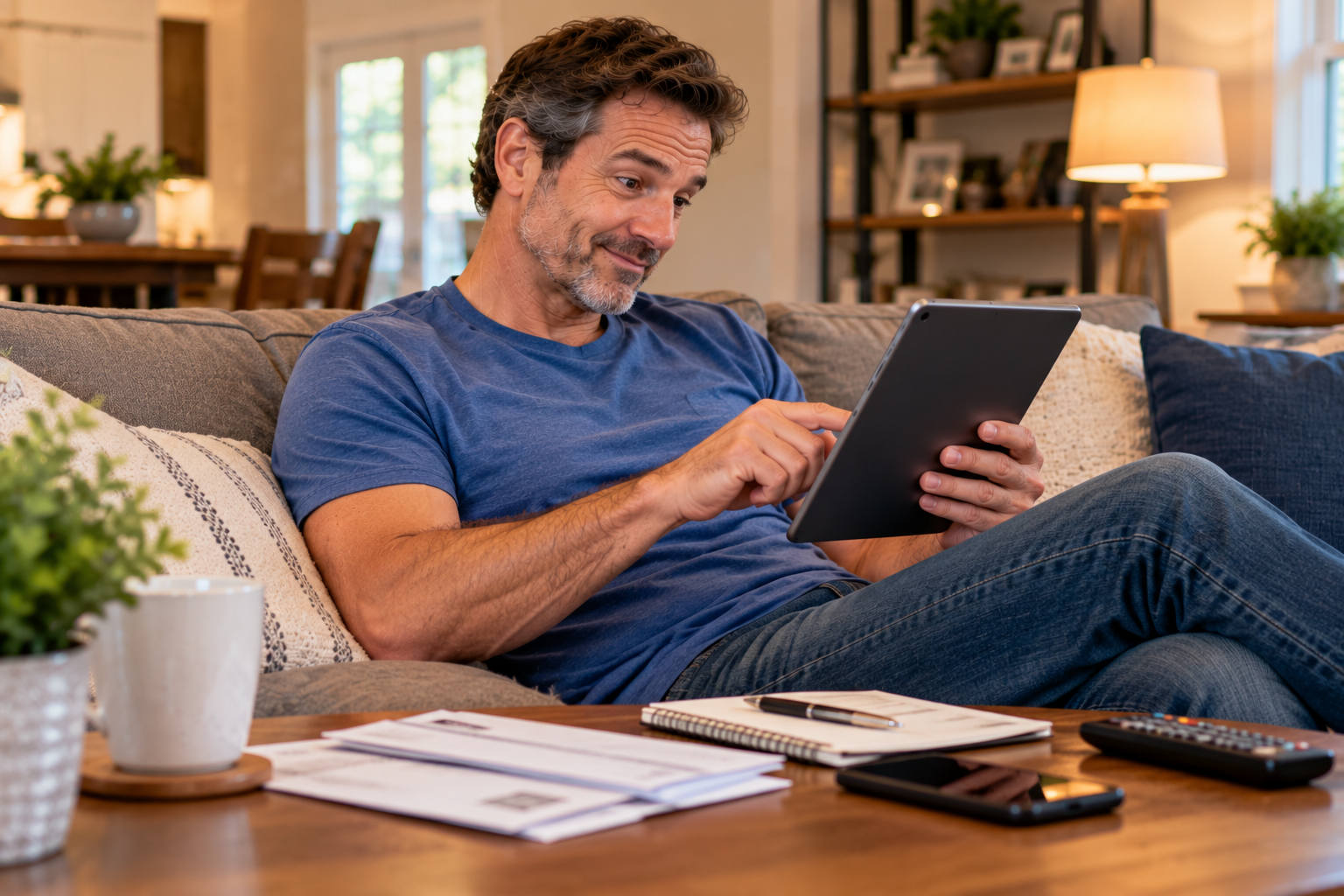 Man reviewing recurring expenses on a tablet and finding money to redirect toward debt