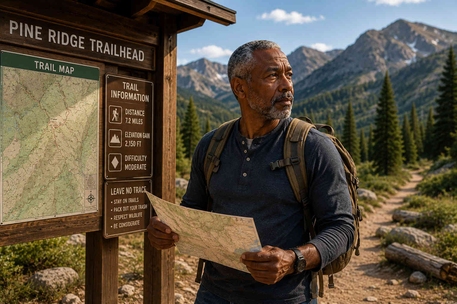 Divorced man studying a trail map and choosing his own route in the mountains