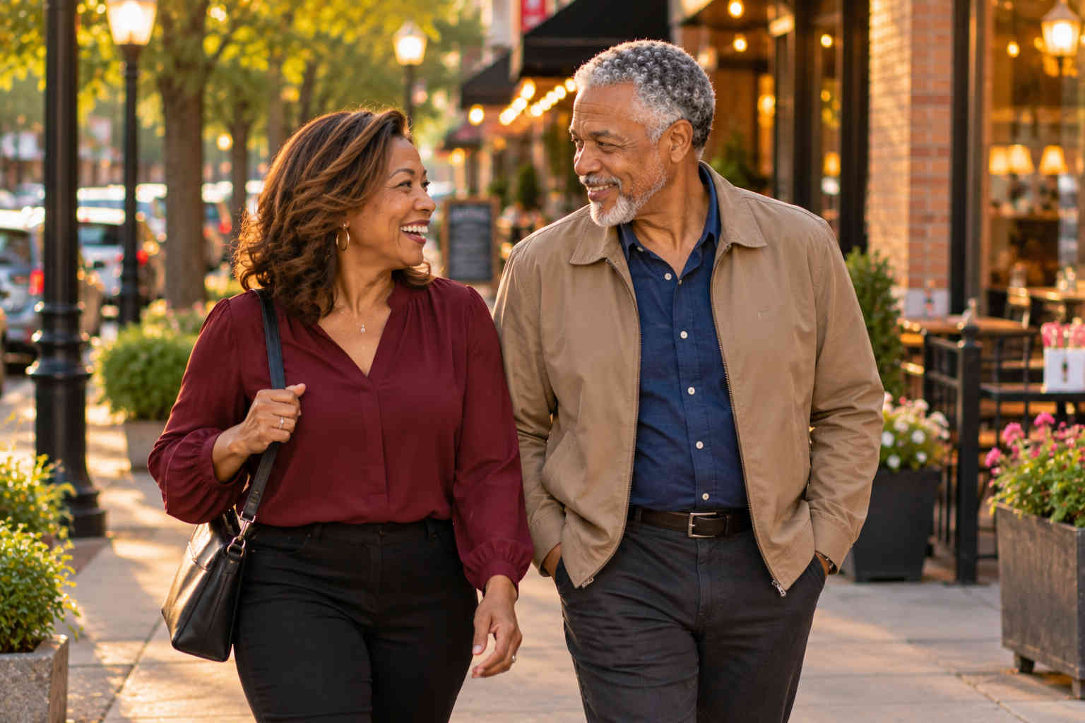 Mature couple walking together on a warmly lit downtown street