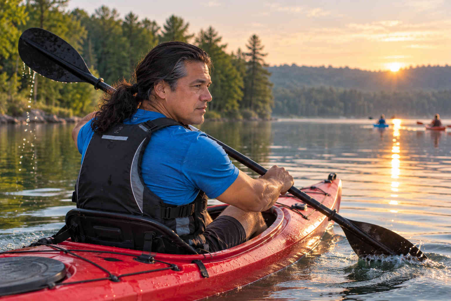 Man kayaking on a calm lake while developing a new hobby after divorce