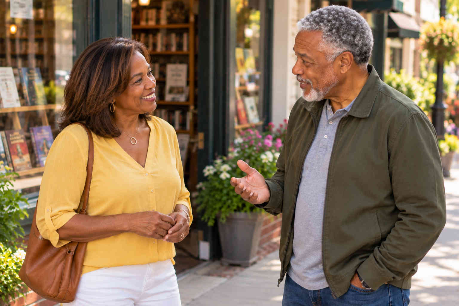 Man and woman talking outside a bookstore