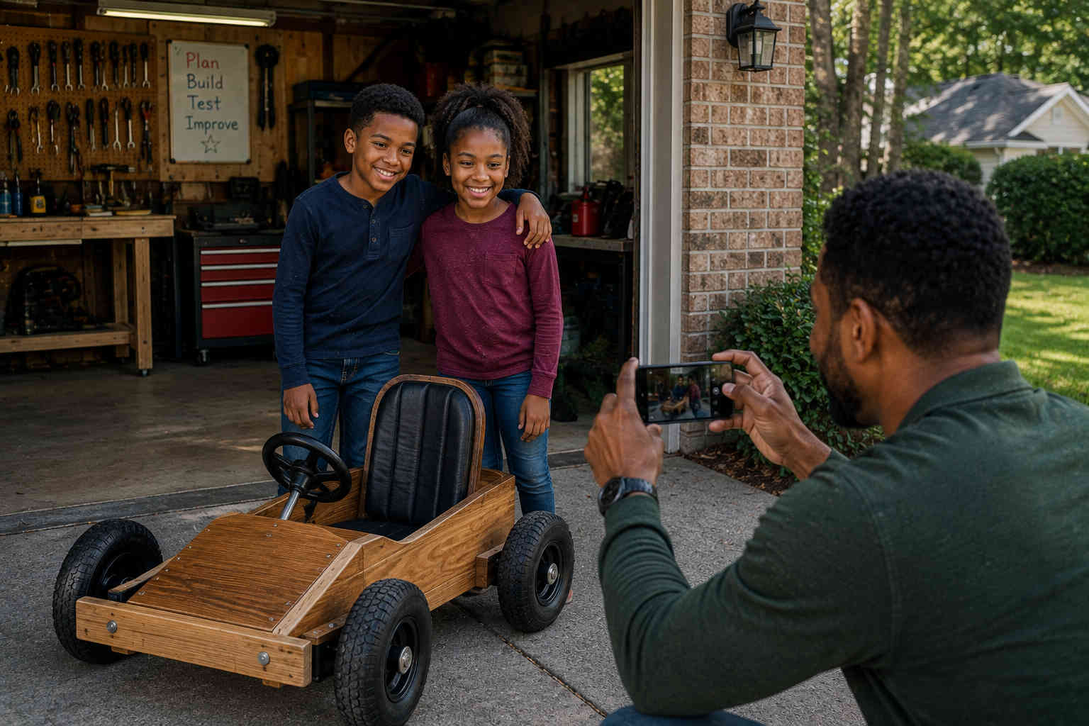 Proud brother and sister standing beside the finished wooden go-kart while their father takes their picture in the driveway