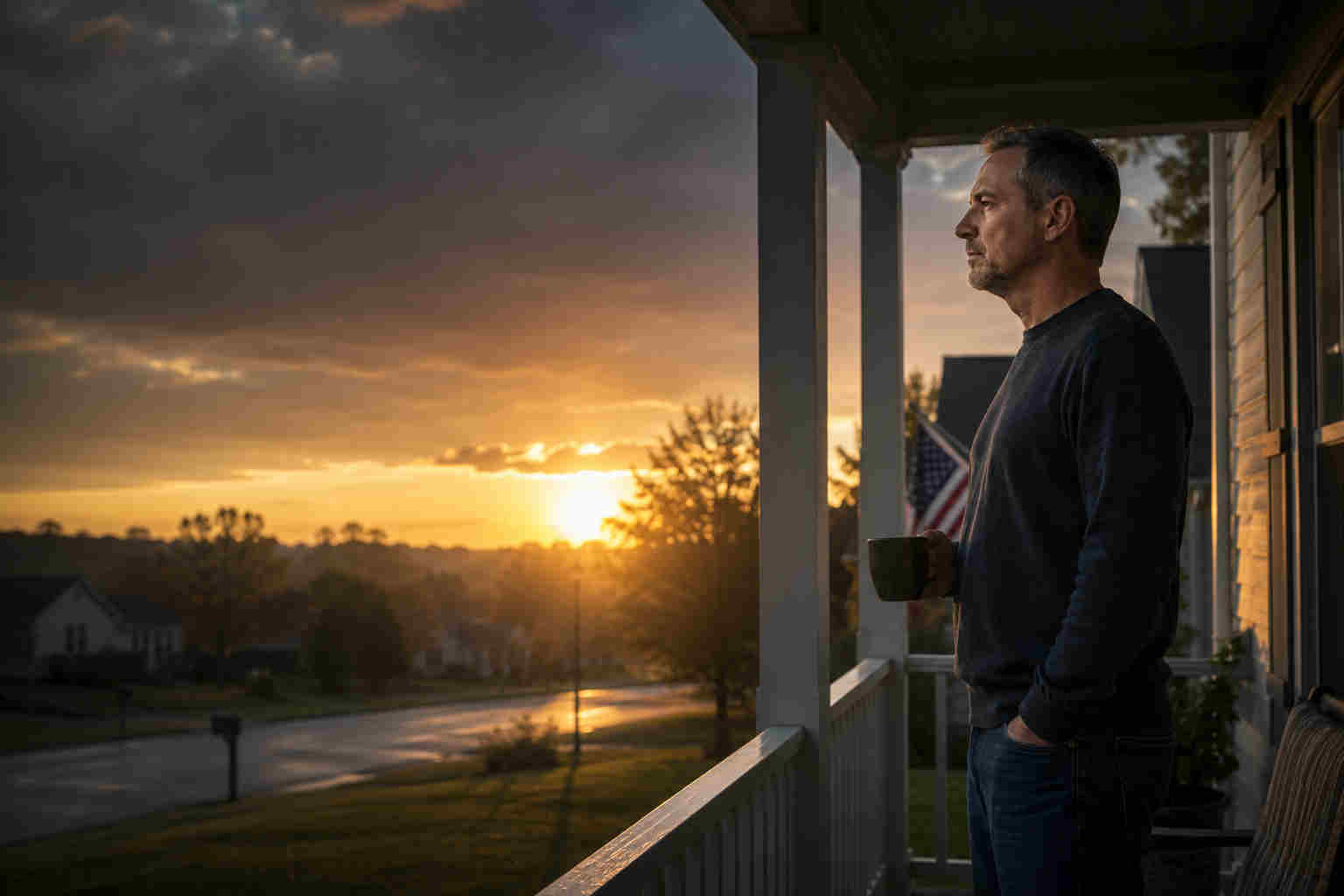 A thoughtful divorced man holding coffee on his front porch at sunrise during the first 90 days after divorce