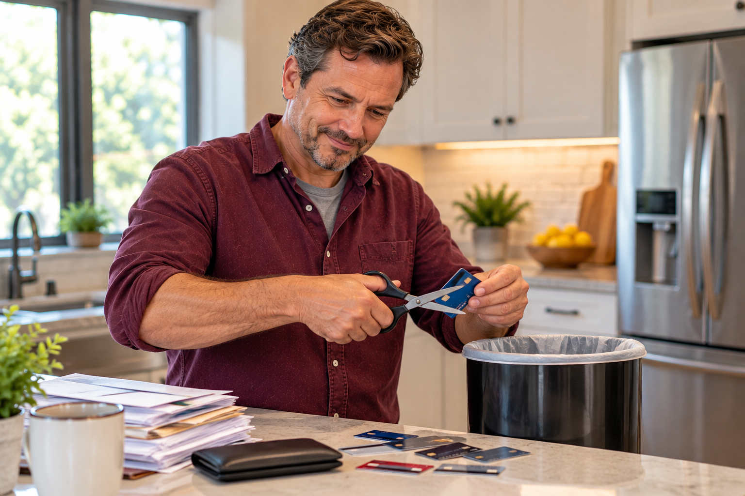 Man cutting up a credit card at his kitchen counter as he takes control of debt after divorce