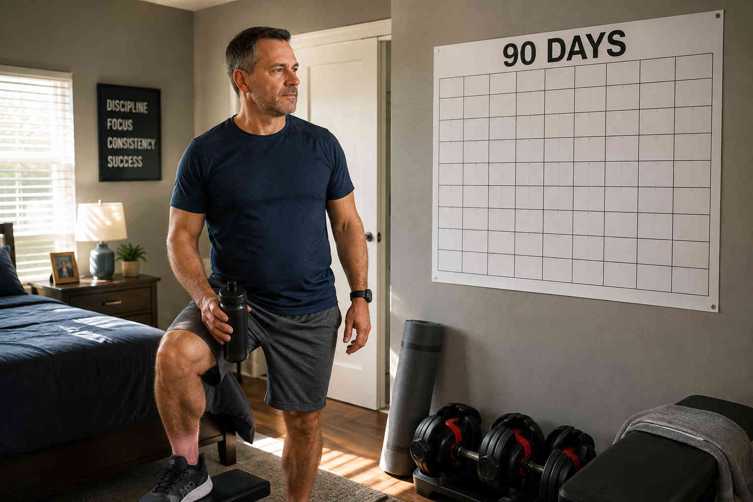 A middle-aged man beginning a 90-day fitness plan at home beside dumbbells, an exercise mat, and a 90-day calendar