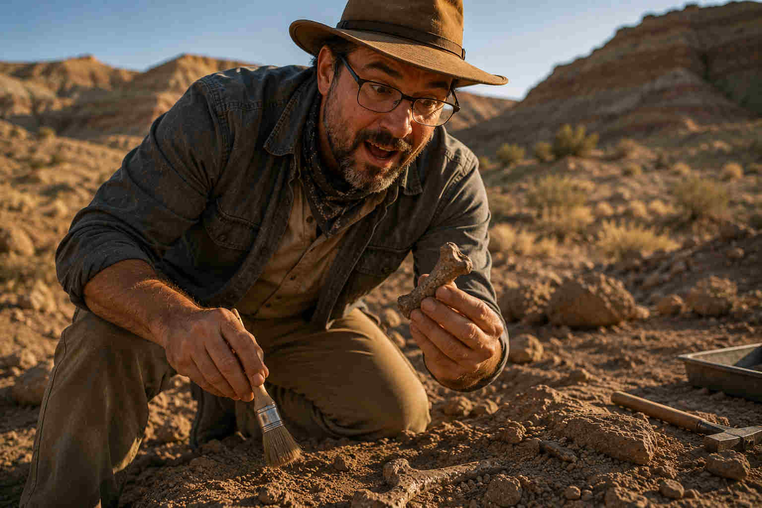 Paleontologist reacting with genuine surprise after finding the first bone at a new excavation