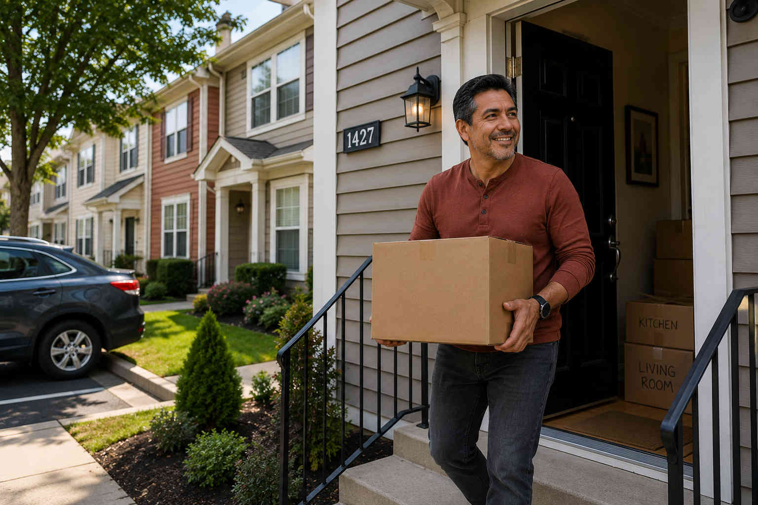 Man happily carrying a moving box into a modest townhouse that fits his new post-divorce life