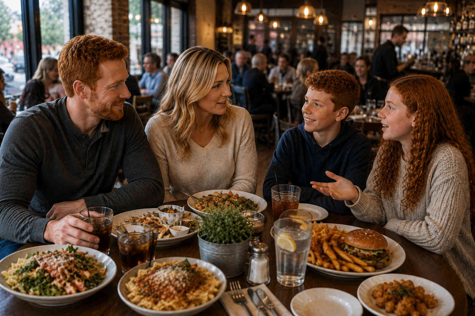 Red-haired father introducing his blonde girlfriend to his teenage son and daughter over lunch in a busy casual restaurant